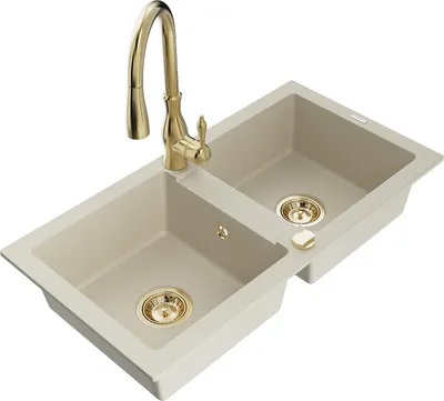 Immagine prodotto di Mexen Mario lavello da cucina in granito a 2 vasche con rubinetto da cucina Savita, beige - 6504-69-672601-50
