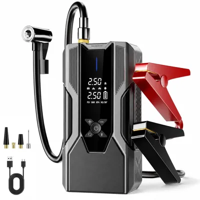 Produktbild von Starthilfe Powerbank Auto 8000 mAh, 12V Autostarter mit Luftkompressor 35 L/min, Reifenfüller, LCD, LED, USB, für Benzin- & Dieselfahrzeuge