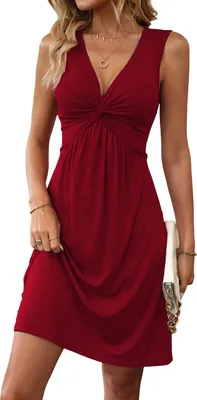 Produktbild von ASKSA Damen V-Ausschnitt Kleid Aermellos Einfarbig Strandkleider Casual Tunikakleid Sommerkleid (A Rot,S)