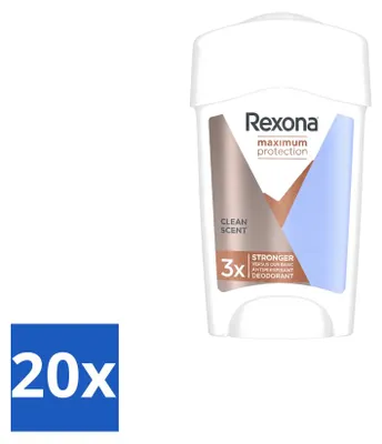 Imagen del producto de 20 unidades de antitranspirante en barra Rexona Women Maximum Protection, aroma Clean, 45 ml. Paquete económico