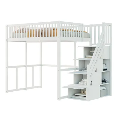 Produktbild von Hochbett(Weiß)140x200cm mit Sicherheitsaufbewahrungsleiter, Sicherheitsumrandung,Bettgestell aus massiver Kiefer,Geeignet für Kinder,Jugendliche