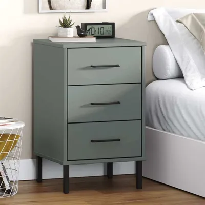 Image de vidaXL Table de nuit OSLO avec pieds métalliques Gris Pin massif