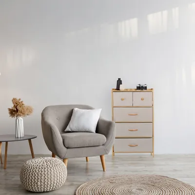 Produktbild von Relaxdays Kommode, Bambus, 5 Stoffschubladen, Flur, Schlafzimmer, HBT 94 x 58 x 32,5 cm, Schubladenschrank, natur/beige