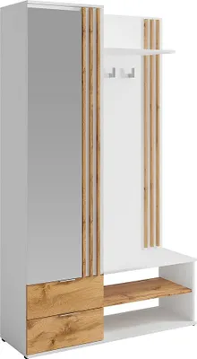 Produktbild von Garderobe mit Spiegel und Stauraum - Weiß & Natur - JANAKIA