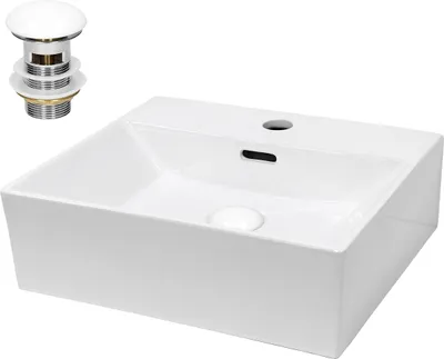 A white ceramic sink and a drain assembly are shown against a white background.