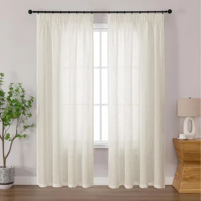 Image de Rideaux avec galon froncé, semi-transparents, aspect lin, lot de 2, couleur beige, dimensions 140 x 183 cm