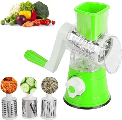 Produktbild von Rotary Manuelle Gemüseschneider 3 in 1 mit Kurbel Trommelreibe Küche Reibe Käsereibe BPA-Freien für Gurken, Käse Nüsse, Karotten usw Grün