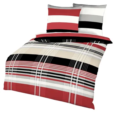 Produktbild von Kaeppel Biber-Bettwäsche Prime Time 240 x 220 cm, Farben Rot ,Schwarz mit Streifen