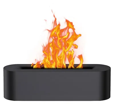 A black, modern-looking aroma diffuser with a flame effect, set against a white background.