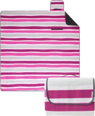 Immagine prodotto di Coperta da picnic 200x200 cm, realizzata in pile riciclato, impermeabile, con motivo a righe rosa, ideale per attività all'aperto