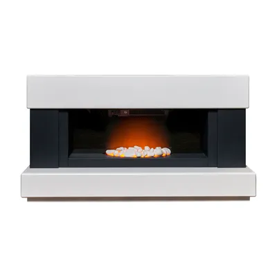 A modern electric fireplace with a white frame and black accents, featuring a glowing orange flame effect and white decorative stones.