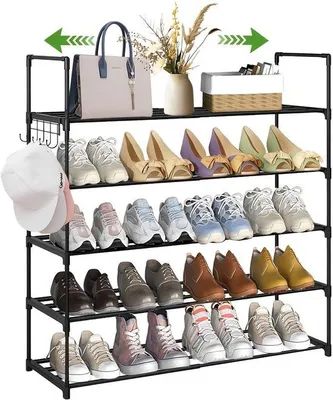 Immagine prodotto di Ibenzoa®: Scaffale espandibile e regolabile per scarpe, realizzato in tubi di metallo, con 5 ripiani, dimensioni 41–76×30,5×88 cm, capacità per 10–20 paia di scarpe, dotato di 5 ganci, montaggio senza utensili