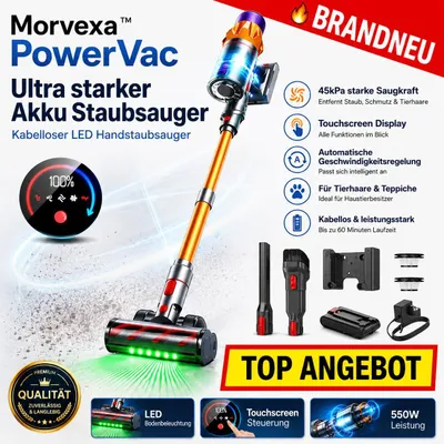 Produktbild von Morvexa PowerVac™ Akku Staubsauger Kabellos 550W 45kPa LED Handstaubsauger Beutellos mit Touchscreen & HEPA Filter