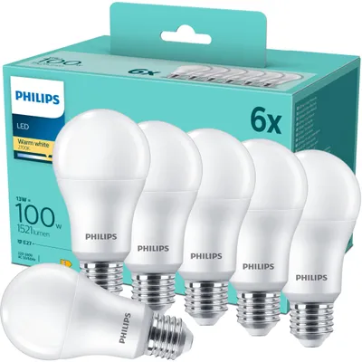 Zdjęcie produktu dla Philips Żarówka bańkowa 100 W A67 E27 x6, 13 W, 100 W, E27, 1521 lm, 15000 h, Ciepłe białe