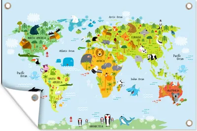 Produktbild von MuchoWow® 90x60 cm Outdoor-Poster Gartendeko Sichtschutz Garten Poster für den Garten  Weltkarte - Kinder - Tiere - Natur - Jungen - Mädchen