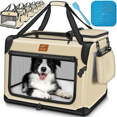 Image de Cage de transport pour chiens - Sac de voyage pour chats - Transport sûr - Inclus une lécheuse - 50 x 34 x 34 cm - Beige