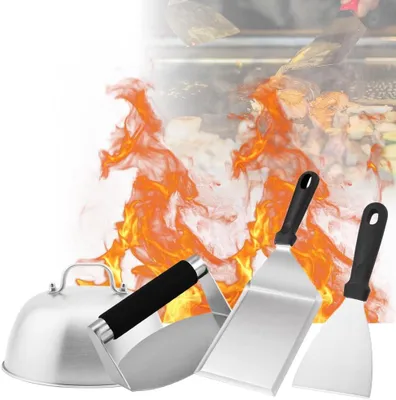 Produktbild von Burger Smasher Set 5-teilig, Edelstahl, mit Burgerpresse, Grillspatel, Schmelzglocke, für Gasgrill