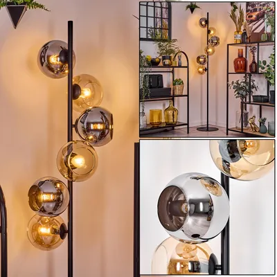 Produktbild von Cesaro Stehlampe aus Metall/Glas, Schwarz/Chrom/Rauch/Bernstein, Retro-Design