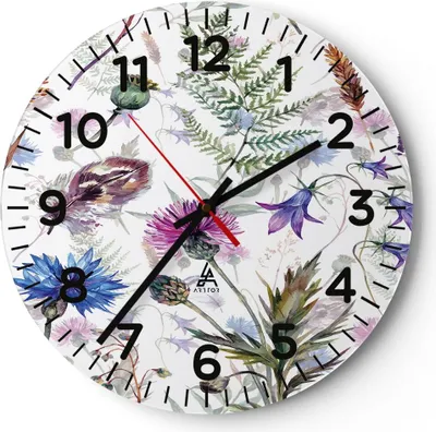 Produktbild von Wanduhr - Rund - Glasuhr - Blume Wiese Natur - 40x40cm - Schleichendes Uhrwerk - Lautlos - zum Aufhängen bereit - Dekoration Modern - Wanddekoration aus Glas - C4AR40x40-3838