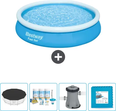 Produktbild von Bestway runder aufblasbarer Fast-Set-Pool – 366 x 76 cm – Blau – im Lieferumfang enthalten Abdeckung - Wartungspaket - Pumpe - Bodenfliesen