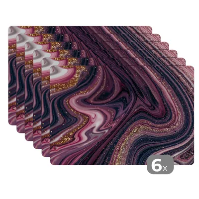 Obrázok produktu pre MuchoWow® Podložky Sada 6 podložiek Umývateľné podložky 30x45x0.3cm Mramorový vzhľad - Ružová - Fialová - Zlatá - Luxusná - Mramor Podložka pod stôl