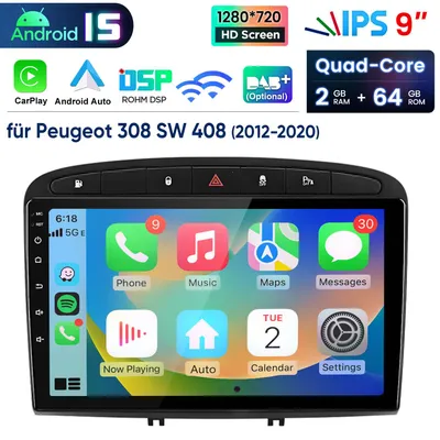 Produktbild von 9” Carplay Android 15 Autoradio Für Peugeot 308 408 RCZ 2007-2013 GPS Navi WIFI BT DAB+ SWC USB DSP RDS 2GB+64GB