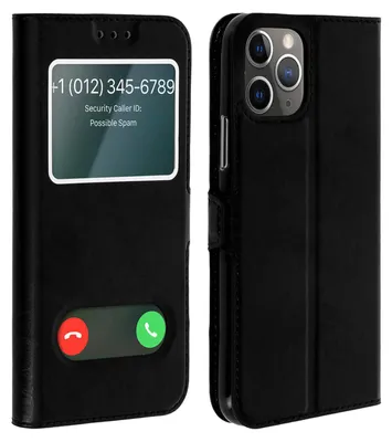 A black flip cover for an iPhone 11 Pro is shown, with a simulated incoming call screen visible through a transparent window.