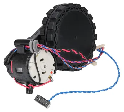 A robotic vacuum cleaner drive wheel and motor assembly with wiring.