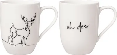 Two white ceramic mugs with black line art and text.