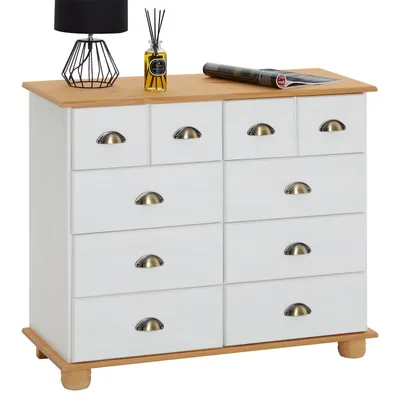 Produktbild von Schubladenschrank COLMAR mit 8 Schubladen, praktischer Apothekerschrank in weiß/braun, elegantes Sideboard mit Muschelgriffen