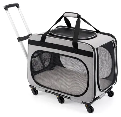 Produktbild von Transportbox für Katzen bis 20 kg, 2-in-1 Hundetransportbox mit Rollen, faltbare Haustierreisetasche für Katzen und Hunde, Grau