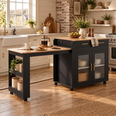 Produktbild von Flieks Kücheninsel mit Steckdose, ausziehbarer Stehtisch mit USB-A/C-Anschlüssen, Kücheninsel-Ausziehtisch mit buffetschrank, 177*60*89.5cm,Schwarz,PB