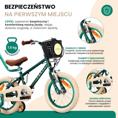 Zdjęcie produktu dla Rower dziecięcy 14 cali dla chłopców w wieku 3, 4 i 5 lat, 7,49 kg, z drążkiem do pchania, kółkami pomocniczymi, koszykiem, dzwonkiem, hamulcem typu V-brake i naklejkami LOVEL w kolorze zielonym