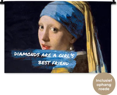 Produktbild von MuchoWow® Wandteppich Wandbehang Vermeer - Das Mädchen mit dem Perlenohrring - Zitat 90x60 cm Tapisserie Dekoration Wandtuch - Wandskulpturen - Bildteppich