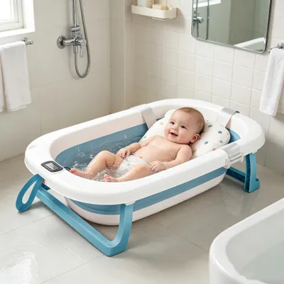 Produktbild von Baby Badewanne mit Thermometer,Groß Babybadewanne mit Sitzmatte Tragbare Reisebadewanne für Neugeborene von 0-36 Monaten 80x50x23 Blau