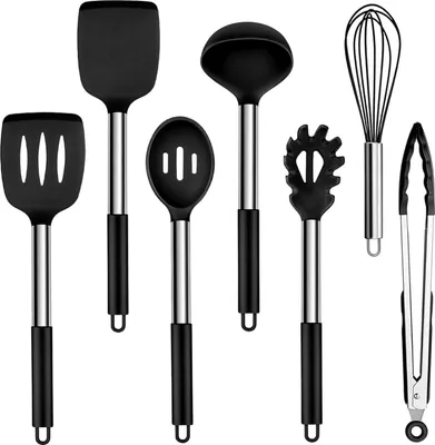Produktbild von Homikit 7-teiliges Silikon Küchenutensilien Set mit Edelstahlgriff, Schwarz