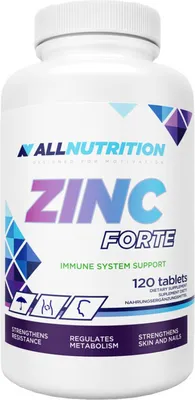 A white bottle of Allnutrition Zinc Forte dietary supplement tablets.