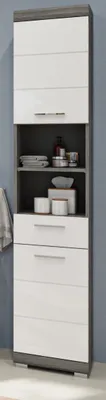 Produktbild von Badezimmer Hochschrank "Shawn" weiß Hochglanz und Rauchsilber grau Badschrank