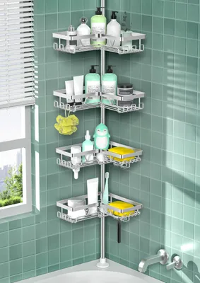 Image de Étagère de douche télescopique sans perçage - Rangement de salle de bain avec 4 paniers