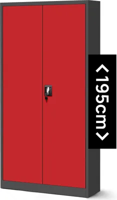 A red and gray metal cabinet with a lock on the doors. A black overlay with white text indicates the height.