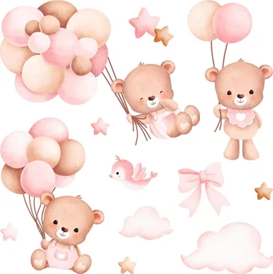 Produktbild von Wandaufkleber Kinderzimmer – Wandsticker für Baby & Kinder – Selbstklebende Wanddekoration – Abnehmbar ohne Rückstände – Deko für Mädchen & Jungen - Aquarell-Teddybären mit Luftballons in zarten Pastelltönen130x200 cm