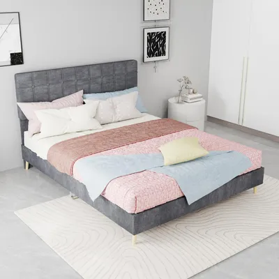 Produktbild von Polsterbett 140x200 cm Grau Stoffbett mit Lattenrost Bettgestell Modernes Karomuster Kopfteil Stabiles Doppelbett Belastbar Geräuschlos