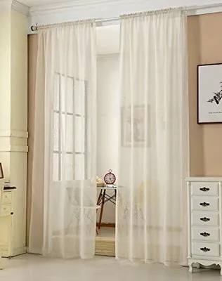 Produktbild von WOLTU 2er Set Gardinen transparent mit Kräuselband Vorhänge Leinenoptik Halbtransparent Voile Leinenvorhang Stores Fensterschal Dekoschal für Wohnzimmer Kinderzimmer Schlafzimmer, 140x225cm Creme