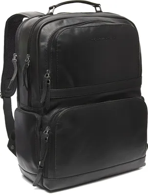 A black leather backpack is shown from a side-front angle against a white background.