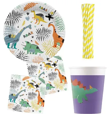 Produktbild von Partyset 48 tlg. Dinosaurier Party Deko Set Dino Kindergeburtstag Geburtstagsdeko Einweggeschirr