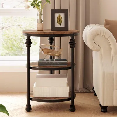 Image de Table d'appoint ronde avec trois niveaux, en bois et métal, idéale pour les petits espaces