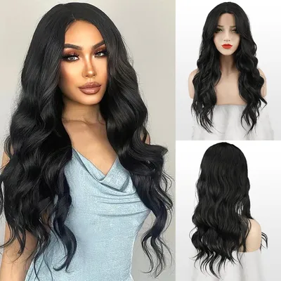 Produktbild von Famanu Lange Wellenperücke 66 cm - Schwarz, Lace Front, Mittelscheitel