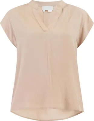Produktbild von Damen Bluse XL Beige mit V-Ausschnitt, Mini-Stehkragen und kleinen Ärmelansätzen