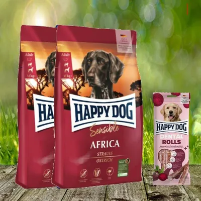 Produktbild von Happy Dog Supreme Sensible Africa 2 x 12,5 kg + Happy Dog Dental Rolls *geschenkt*