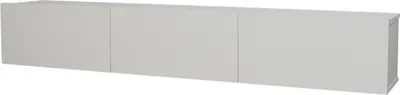 A long, white, three-door TV lowboard is shown against a white background.